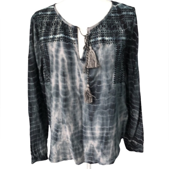 Lovestitch Boho  Indigo Blue Long Sleeve Embroidered Tie Dye Peasant Top Large - Picture 1 of 11